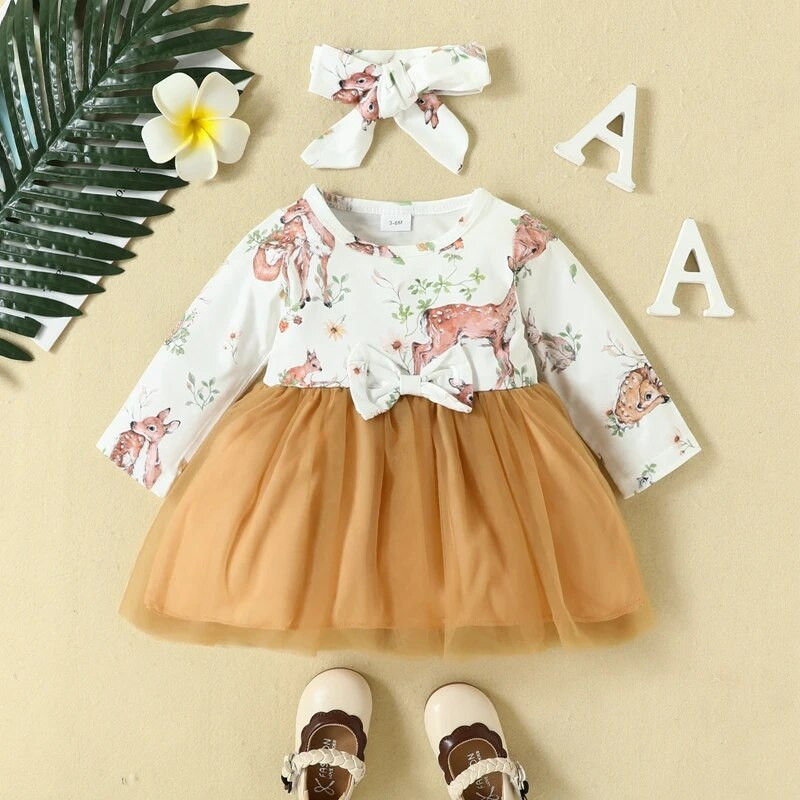 Φθινόπωρο Citgeett Βρεφικά κοριτσάκια Φθινοπωρινά ρούχα Μακρυμάνικα ελάφια στάμπα από τούλι Φόρεμα Σετ κεφαλόδεσμος Ρούχα