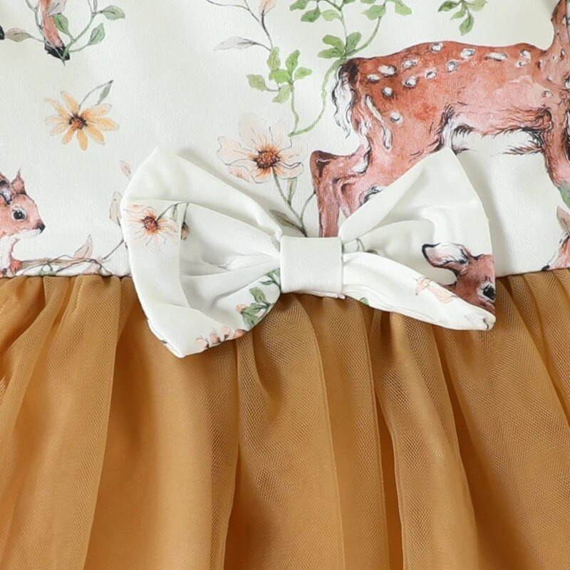 Φθινόπωρο Citgeett Βρεφικά κοριτσάκια Φθινοπωρινά ρούχα Μακρυμάνικα ελάφια στάμπα από τούλι Φόρεμα Σετ κεφαλόδεσμος Ρούχα