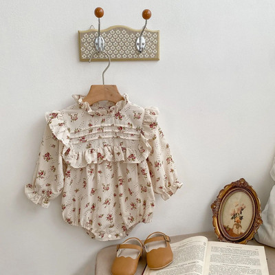 Γλυκά κοριτσίστικα βρεφικά ρούχα καρό λουλουδάτο κορμάκι για βρέφος Λεπτό μακρυμάνικο γιακά βολάν Ολόσωμη φόρμα για νεογέννητα κορίτσια Princess