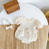 Mazuļu kombinezons ar īsām piedurknēm un galvas saite zīdaiņiem 2023. gada vasaras drēbes, plāni izšuvumi, viengabala kombinezons, mazuļa apģērbs