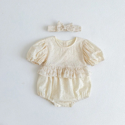 Mazuļu kombinezons ar īsām piedurknēm un galvas saite zīdaiņiem 2023. gada vasaras drēbes, plāni izšuvumi, viengabala kombinezons, mazuļa apģērbs