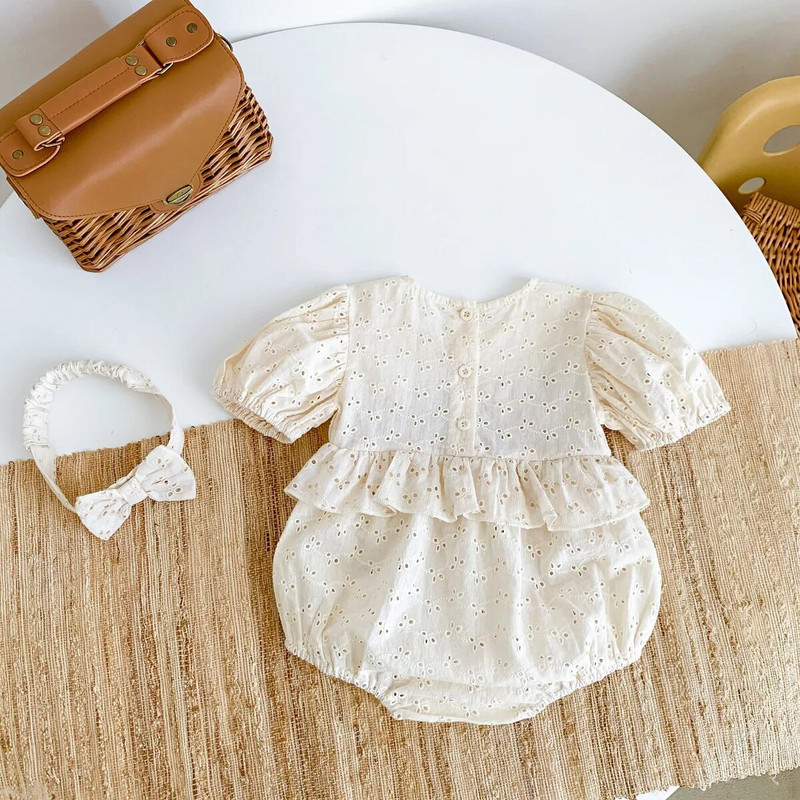 Mazuļu kombinezons ar īsām piedurknēm un galvas saite zīdaiņiem 2023. gada vasaras drēbes, plāni izšuvumi, viengabala kombinezons, mazuļa apģērbs