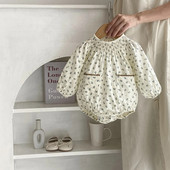 Novi jesen 2023., cvjetni bodi dugih rukava za djevojčice, pamučni široki kombinezon za dojenčad s džepovima, ležerna odjeća za malu djecu