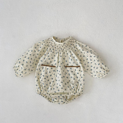 Novi jesen 2023., cvjetni bodi dugih rukava za djevojčice, pamučni široki kombinezon za dojenčad s džepovima, ležerna odjeća za malu djecu