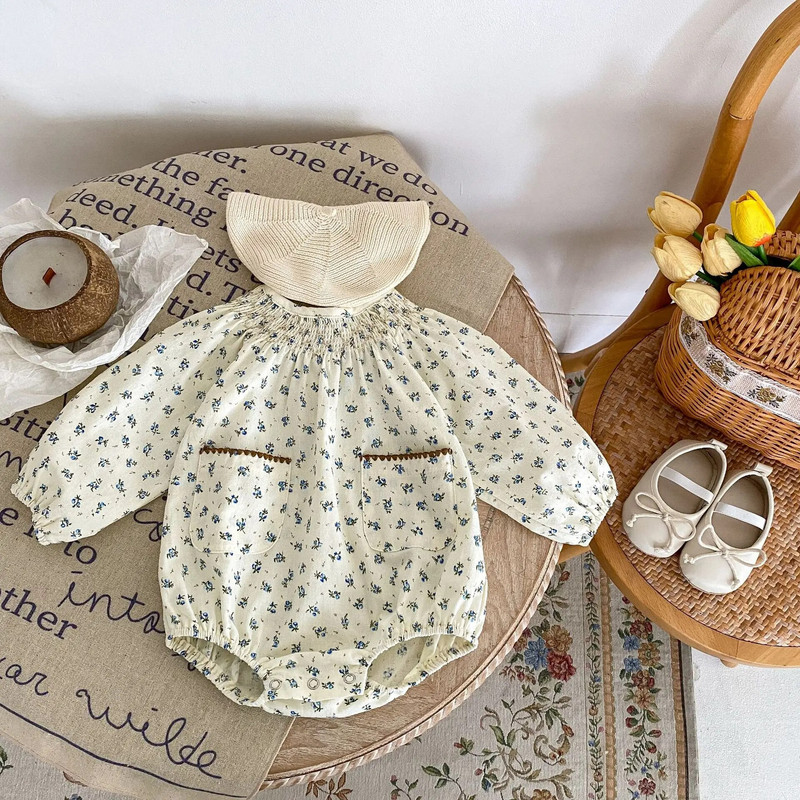 Novi jesen 2023., cvjetni bodi dugih rukava za djevojčice, pamučni široki kombinezon za dojenčad s džepovima, ležerna odjeća za malu djecu