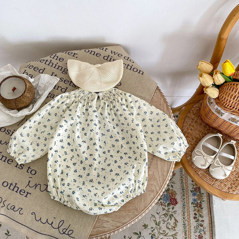 Novi jesen 2023., cvjetni bodi dugih rukava za djevojčice, pamučni široki kombinezon za dojenčad s džepovima, ležerna odjeća za malu djecu