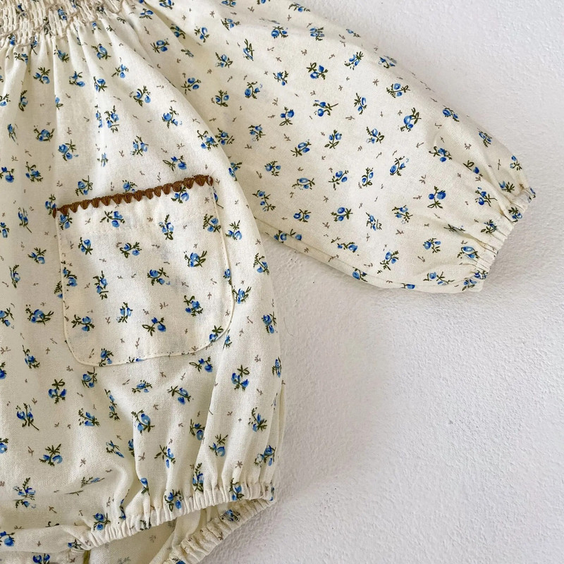 Novi jesen 2023., cvjetni bodi dugih rukava za djevojčice, pamučni široki kombinezon za dojenčad s džepovima, ležerna odjeća za malu djecu