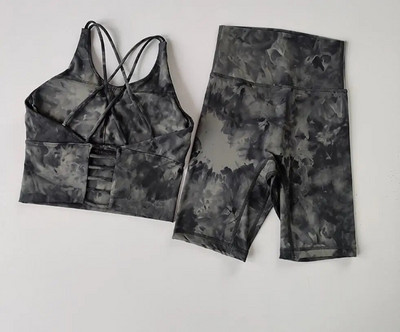 Γυναικείο κοστούμι γιόγκα 2 τμχ Γυναικεία γραβάτα βαφή ψηλόμεσο γυμνό Παντελόνι πέντε σημείων αντικραδασμικό σουτιέν για τρέξιμο στην πλάτη Καλοκαιρινό αθλητικό σουτιέν με σετ σορτς