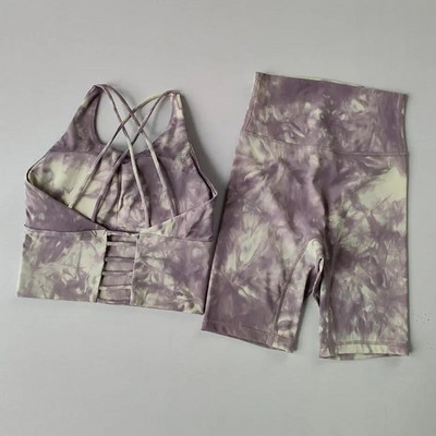 Γυναικείο κοστούμι γιόγκα 2 τμχ Γυναικεία γραβάτα βαφή ψηλόμεσο γυμνό Παντελόνι πέντε σημείων αντικραδασμικό σουτιέν για τρέξιμο στην πλάτη Καλοκαιρινό αθλητικό σουτιέν με σετ σορτς