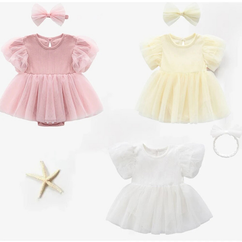 Mekana bebe 0-12 mjeseci Dječja dječja pamučna haljina s okruglim izrezom i kratkim rukavima s kratkim rukavima za malu djecu Dječja pamučna haljina s trakom za kosu