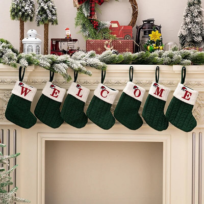 Navidad Natal 2024 Коледни чорапи Green Xmas Tree Ornament Gift Pletiva Snowflake Letter Stocking Christmas Decoration