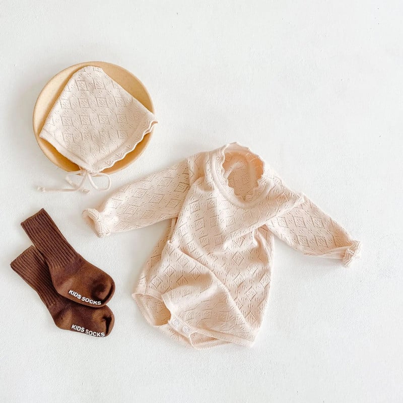 2023 Ανοιξιάτικο φθινόπωρο βρεφικό κορμάκι μακρυμάνικο τετράγωνο κούφιο πλεκτό φόρμα για νεογέννητα βρεφικά κοριτσίστικα ρούχα νήπιο One Piece