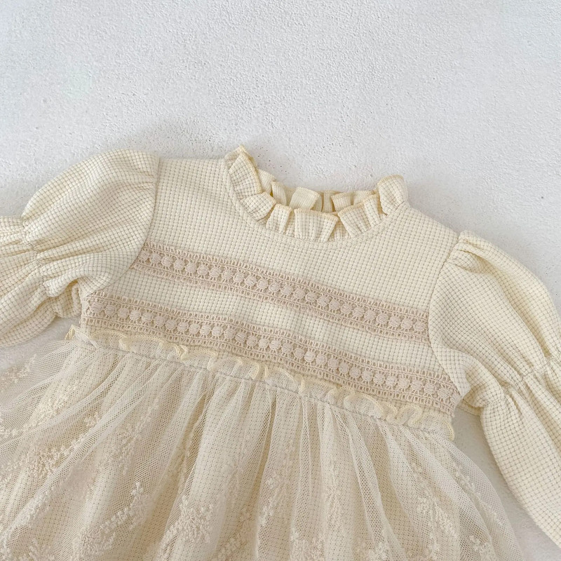Φθινοπωρινά καινούργια βρεφικά ρούχα Νεογέννητα κοριτσίστικα φορμάκι βάφλας Πριγκίπισσα Βρεφικό μακρυμάνικο διχτυωτό φόρεμα μασίφ κέντημα βαμβακερή φόρμα