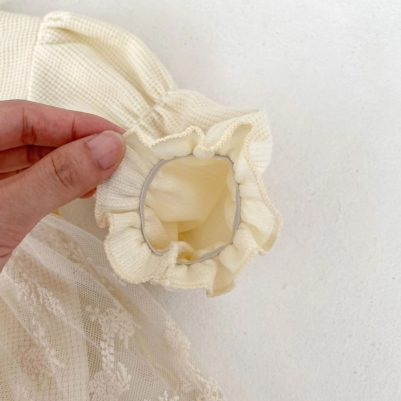 Φθινοπωρινά καινούργια βρεφικά ρούχα Νεογέννητα κοριτσίστικα φορμάκι βάφλας Πριγκίπισσα Βρεφικό μακρυμάνικο διχτυωτό φόρεμα μασίφ κέντημα βαμβακερή φόρμα