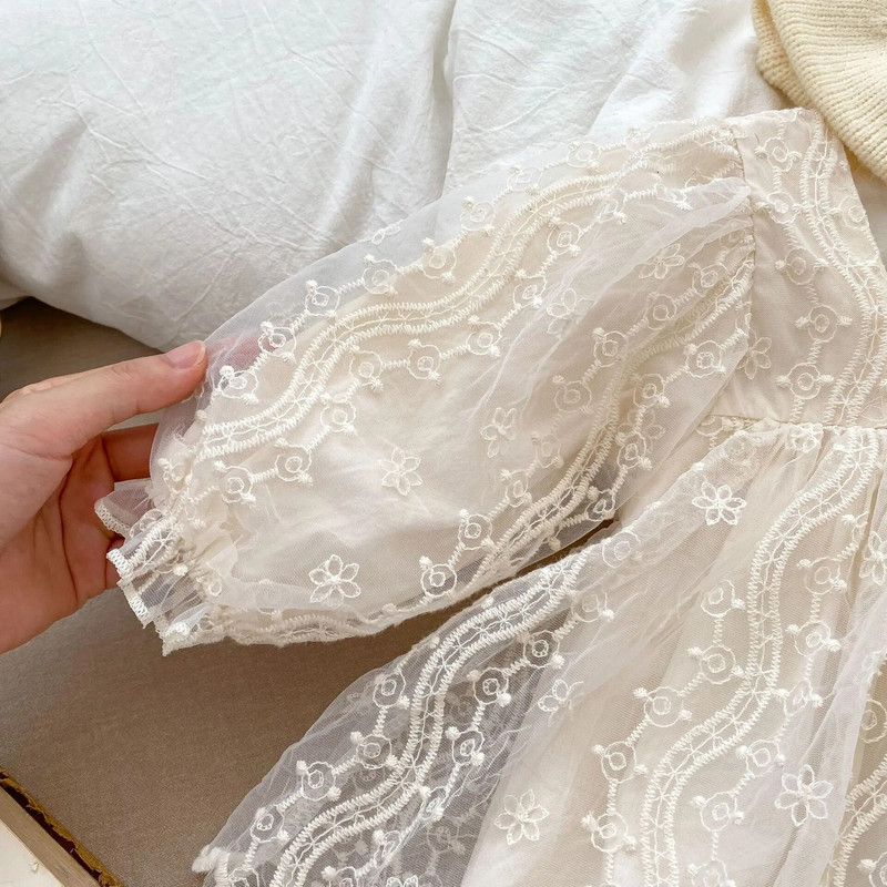 Jesen 2023. Dječji bodi dugih rukava za djevojčice Dječja čipkasta mrežasta haljina s vezom Princess haljina Pamuk Jednodijelna odjeća za djevojčice