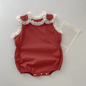 Ins Φθινόπωρο νεογέννητο κοριτσίστικο κορμάκι ρετρό δαντέλα βολάν αμάνικο βρεφικό κόκκινο One Piece Γλυκά ρούχα για νήπια