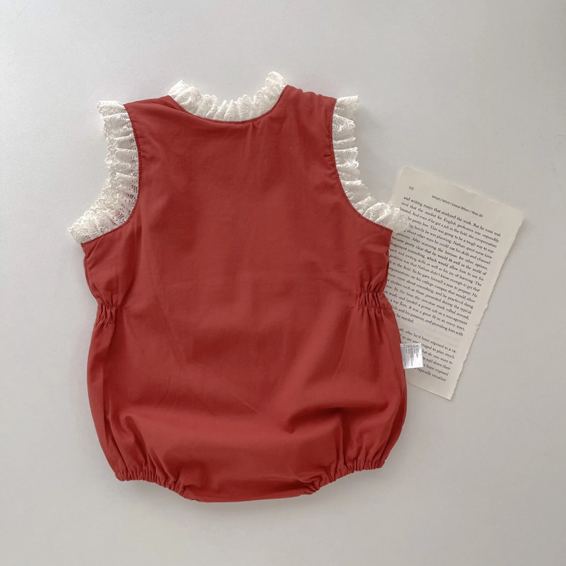 Ins Φθινόπωρο νεογέννητο κοριτσίστικο κορμάκι ρετρό δαντέλα βολάν αμάνικο βρεφικό κόκκινο One Piece Γλυκά ρούχα για νήπια