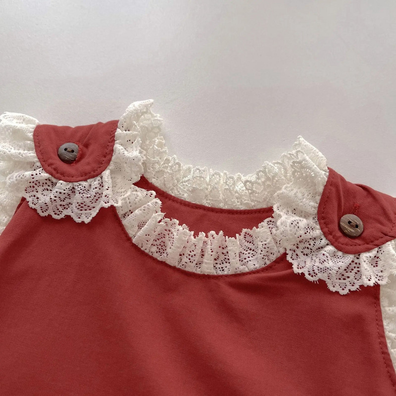 Ins Φθινόπωρο νεογέννητο κοριτσίστικο κορμάκι ρετρό δαντέλα βολάν αμάνικο βρεφικό κόκκινο One Piece Γλυκά ρούχα για νήπια