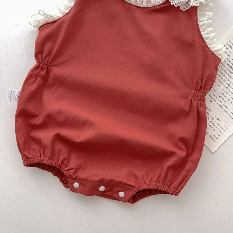 Ins Φθινόπωρο νεογέννητο κοριτσίστικο κορμάκι ρετρό δαντέλα βολάν αμάνικο βρεφικό κόκκινο One Piece Γλυκά ρούχα για νήπια