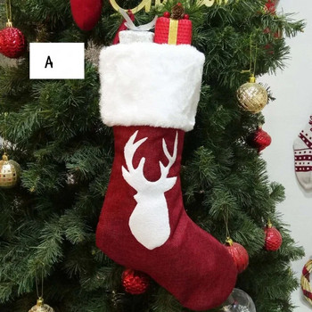 Луксозен коледен чорап и поставка за подарък с бродиран червен лен и празничен дизайн на елени