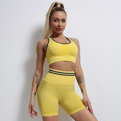 Bezšuvju sporta komplekts Sieviešu seksīgs krūšturis, jogas šorti, sporta apģērbs, 2 daļ., svītru raibs treniņu apģērbs, fitnesa tērps, sporta zāles apģērbs