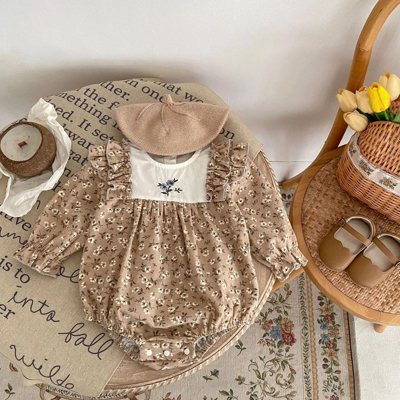 2023 Φθινοπωρινά Βρεφικά Ρούχα Νεογέννητα Βρεφικά Κορίτσια Φλοράλ βολάν μακρυμάνικο κορμάκι Βαμβακερό βρεφικό κέντημα Μονοκόμματο Ρούχα