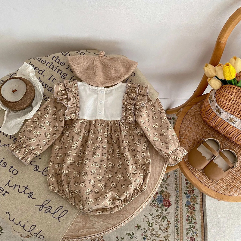 2023 Φθινοπωρινά Βρεφικά Ρούχα Νεογέννητα Βρεφικά Κορίτσια Φλοράλ βολάν μακρυμάνικο κορμάκι Βαμβακερό βρεφικό κέντημα Μονοκόμματο Ρούχα