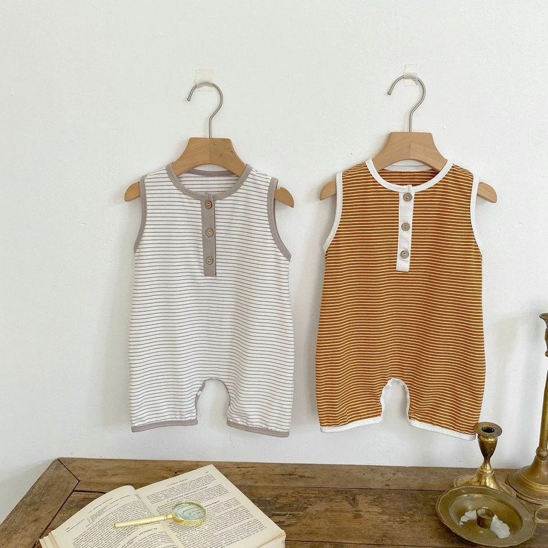 2023. gada vasaras jaundzimušo drēbes zīdaiņu zēniem bez piedurknēm, svītraini, viengabala kokvilnas, toddler kombinezoni, zīdaiņu zēnu apģērbi 0–2 g.