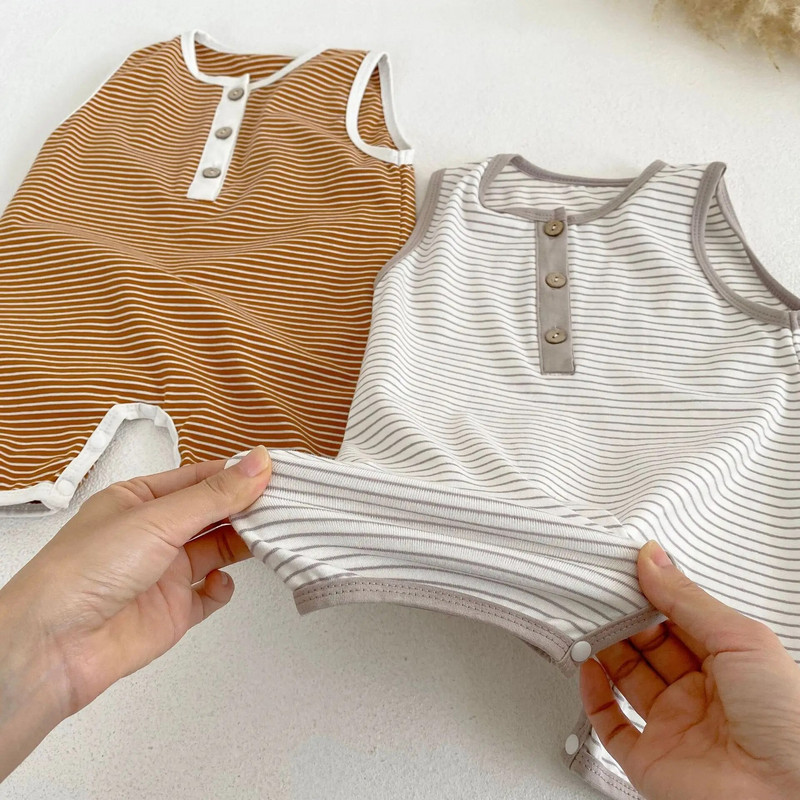 2023. gada vasaras jaundzimušo drēbes zīdaiņu zēniem bez piedurknēm, svītraini, viengabala kokvilnas, toddler kombinezoni, zīdaiņu zēnu apģērbi 0–2 g.