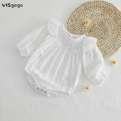 VISgogo Kombinezon za djevojčice s volanima, dugih rukava, izdubljenih cvjetova, jednobojni kombinezon na kopčanje, dječja odjeća za proljeće i jesen