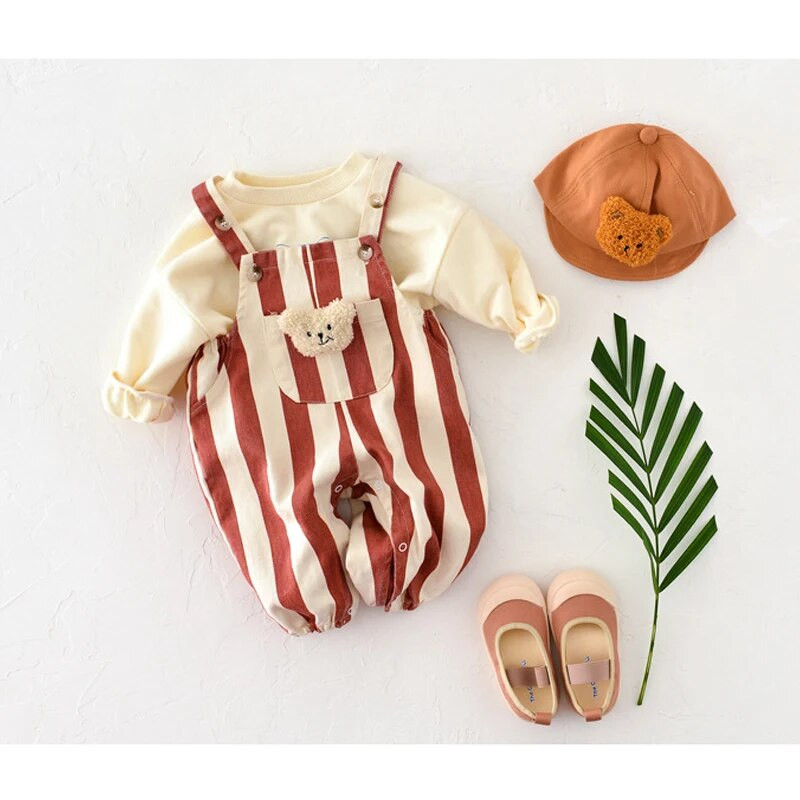 Βρεφικά βρεφικά φθινοπωρινά ρούχα Βαμβακερές φόρμες για μωρά αγόρια κοριτσάκια Bear ριγέ ολόσωμη φόρμα κορεατικού στυλ Μικρά κορίτσια Φαρδιά casual παντελόνια