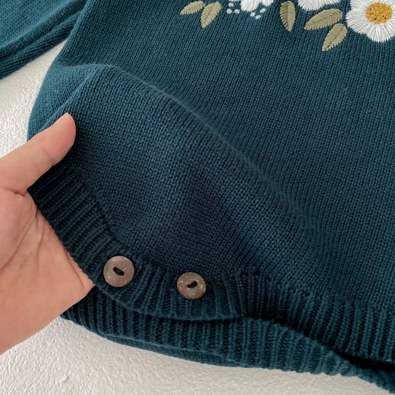 2023. gada rudens ziemas zīdaiņu apģērbi zīdaiņiem, trikotāžas, izšūtas garām piedurknēm, jaundzimušā 100% kokvilnas trikotāžas puķu kombinezons