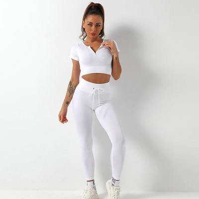 Bešavni kompleti za jogu Sport Fitness Visoko podignuti bokovi Hlače s uzicom Zatvarači Odijela dugih rukava Komplet kratkih hlača za vježbanje u teretani za žene