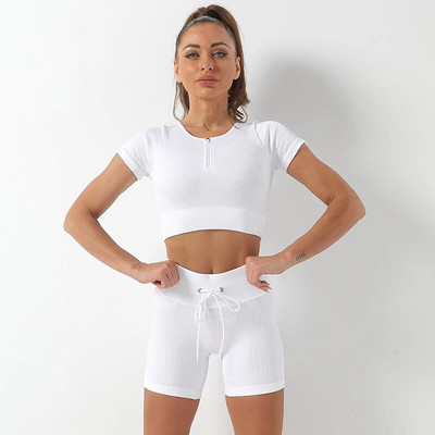 Bešavni kompleti za jogu Sport Fitness Visoko podignuti bokovi Hlače s uzicom Zatvarači Odijela dugih rukava Komplet kratkih hlača za vježbanje u teretani za žene