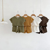 Ljetni kompleti kratkih rukava za dječake Jednobojne majice kratke hlače 2kom Set odjeće za bebe Pletena tanka pletena odjeća za djevojčice Ležerno kućno odijelo