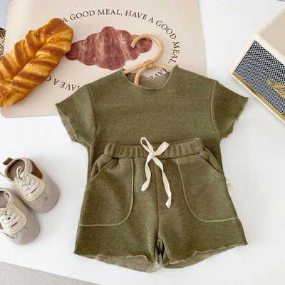 Ljetni kompleti kratkih rukava za dječake Jednobojne majice kratke hlače 2kom Set odjeće za bebe Pletena tanka pletena odjeća za djevojčice Ležerno kućno odijelo