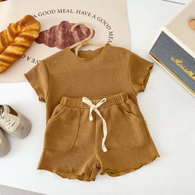 Ljetni kompleti kratkih rukava za dječake Jednobojne majice kratke hlače 2kom Set odjeće za bebe Pletena tanka pletena odjeća za djevojčice Ležerno kućno odijelo