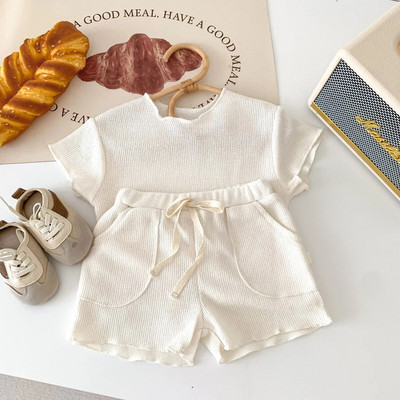 Ljetni kompleti kratkih rukava za dječake Jednobojne majice kratke hlače 2kom Set odjeće za bebe Pletena tanka pletena odjeća za djevojčice Ležerno kućno odijelo