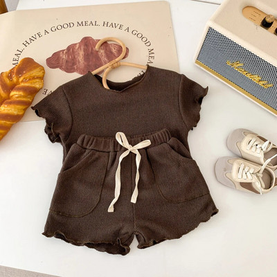 Ljetni kompleti kratkih rukava za dječake Jednobojne majice kratke hlače 2kom Set odjeće za bebe Pletena tanka pletena odjeća za djevojčice Ležerno kućno odijelo
