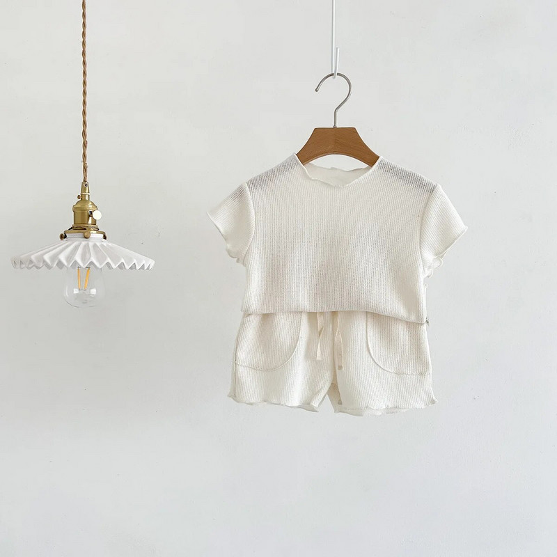 Ljetni kompleti kratkih rukava za dječake Jednobojne majice kratke hlače 2kom Set odjeće za bebe Pletena tanka pletena odjeća za djevojčice Ležerno kućno odijelo
