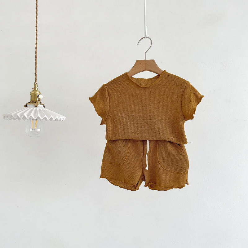 Ljetni kompleti kratkih rukava za dječake Jednobojne majice kratke hlače 2kom Set odjeće za bebe Pletena tanka pletena odjeća za djevojčice Ležerno kućno odijelo