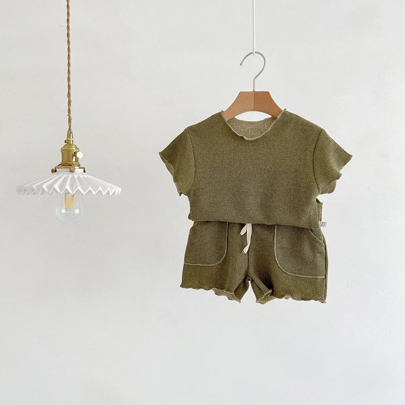 Ljetni kompleti kratkih rukava za dječake Jednobojne majice kratke hlače 2kom Set odjeće za bebe Pletena tanka pletena odjeća za djevojčice Ležerno kućno odijelo