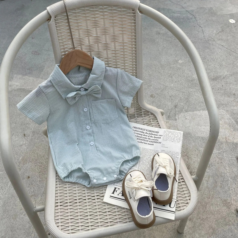 2023. gada vasaras mazuļu zēnu drēbes Jaundzimušā zīdaiņa rūtains bodijs, džentlmeņu viengabala apģērbi, īsām piedurknēm kokvilnas mazuļu kombinezons