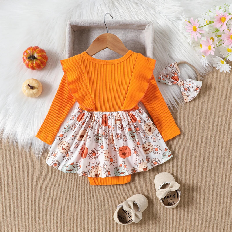 ma&baby 0-24M Noć vještica Novorođenčad Pletene štrafte za djevojčice dugih rukava Kombinezon s mašnom od bundeve Odjeća za malu djecu Kostimi D05