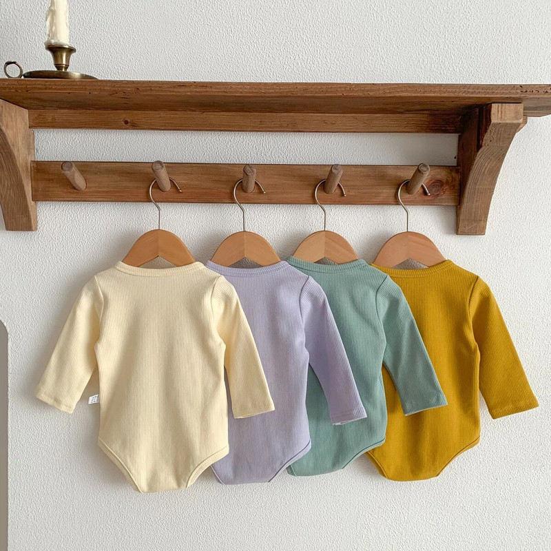 Četru sezonu zīdaiņu bodiji jaundzimušajiem zēniem meitenēm ar garām piedurknēm masīvas kokvilnas rievotas kombinezonas zīdaiņu viengabalains 0-24M zīdaiņu apģērbs