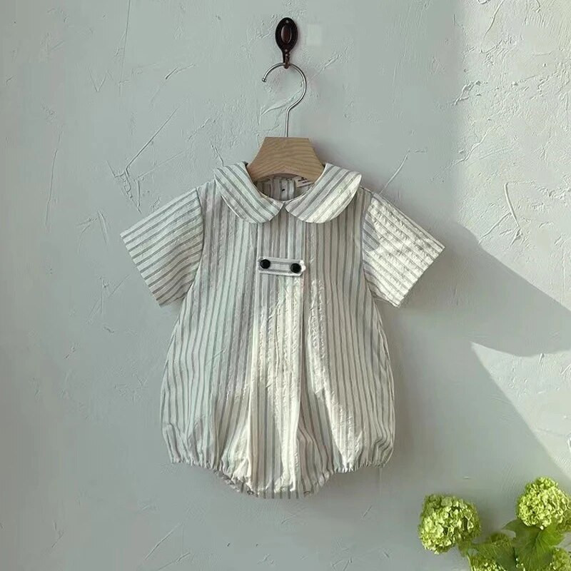Ljetni dječji bodi kratkih rukava za dojenčad, dječake, široki prugasti kombinezon, ovratnik za lutke, djevojčice, djevojčice, pamučna odjeća za novorođenčad