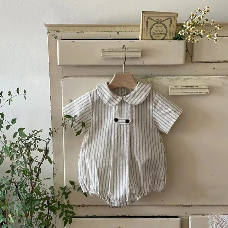 Ljetni dječji bodi kratkih rukava za dojenčad, dječake, široki prugasti kombinezon, ovratnik za lutke, djevojčice, djevojčice, pamučna odjeća za novorođenčad