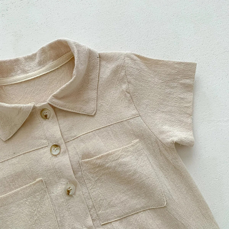 Καλοκαίρι 2023 Βρεφικά αγόρια Romper Βρεφικά ρούχα για αγόρια μασίφ κοντό μανίκι μπροστινό ανοιχτό αγκράφα Βρεφική φόρμα τσέπης νεογέννητα ρούχα