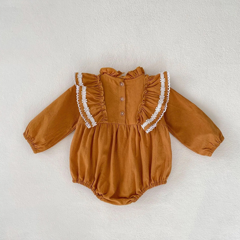 Meiteņu bodijs 2023. gada rudens mazuļiem, izšuvumi ar ziediem, mežģīnēm, lidojošiem piedurknēm, zīdaiņu kombinezoni