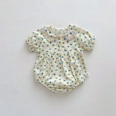 Mazuļu vasaras drēbes jaundzimušo bērnu bodijs meitenēm ar īsām piedurknēm ziedu viengabala mežģīnes Pētera Pena apkakles zīdaiņu toddler meiteņu kombinezons